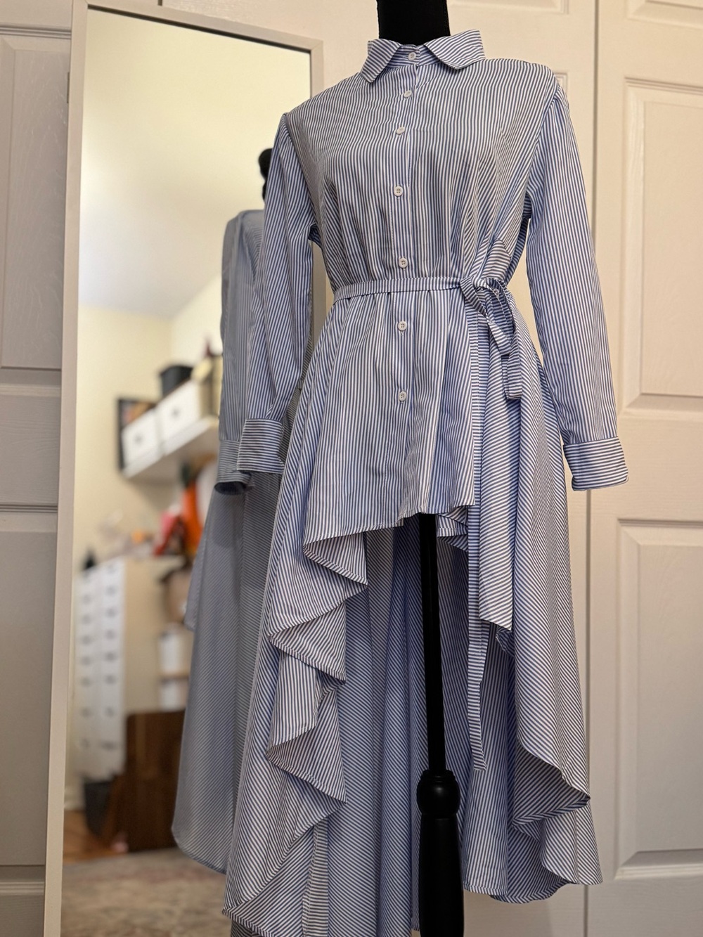 AKIRA Blue and White Striped High-Low Button Down Shirt Dress